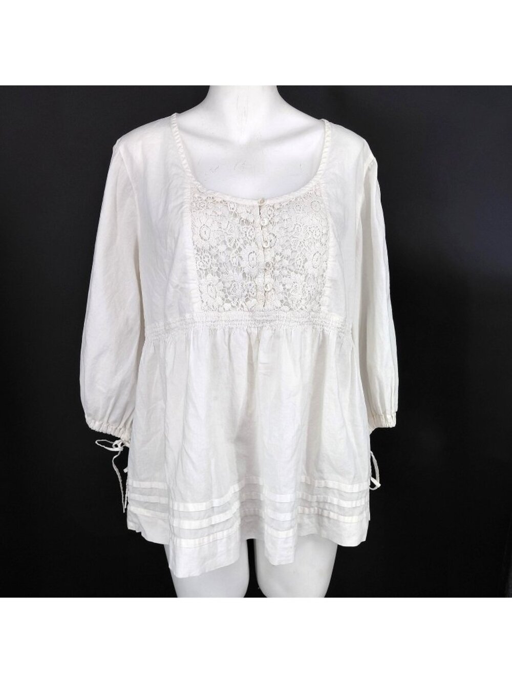 BHS Shirt Women 20 White Crochet Lace Tunic Boho 3/4 Sleeve Peasant Top Festival